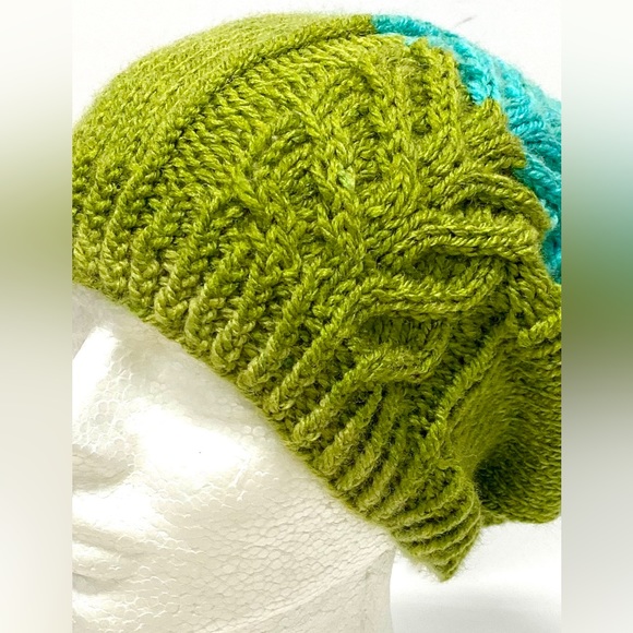 Hand Knit Striped Slouchy Beanie with Antler Cable Design One Size Fits Most - Picture 5 of 5